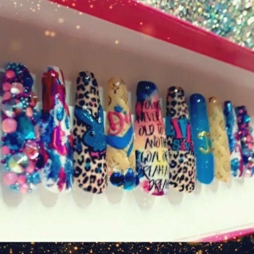 Designer Handmade XL Coffin Hard Gel Press On Nails